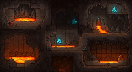 Captivating cave system featuring glowing crystals and flowing lava, perfect for fantasy game or illustration background.
