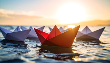 Obraz premium _Fleet of paper boats on tranquil ocean at sunrise with one red boat charting a bold .