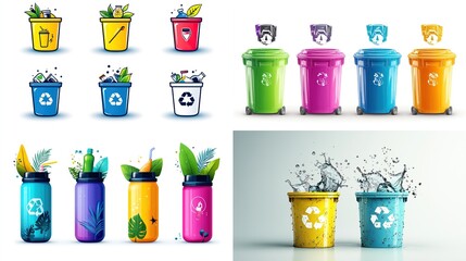 Colorful collection of various types of recycle bins, clean and artistic look