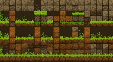 Game level design features brick blocks with grass on a seamless background for a nature adventure world.