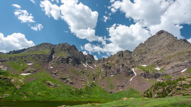 Timelapse of Beautiful Mountain Landscape on Sunny Day, Alpine Lake Under Hills and Clouds
