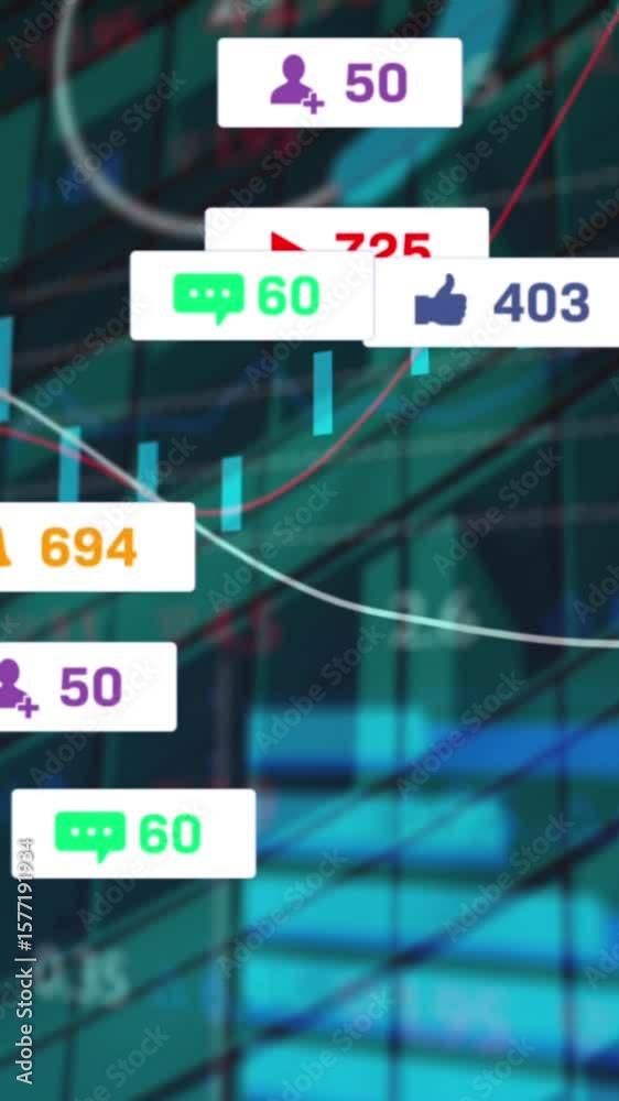 Poster animation of notification bars, multiple graphs, loading circles and trading board on building