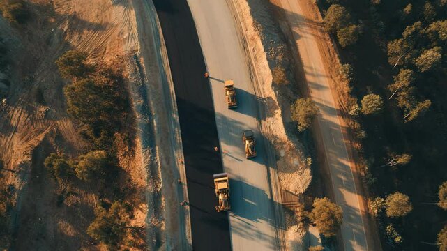 Aerial view of a road construction project with heavy machinery moving across the site, showing development, civil engineering, and infrastructure progress
