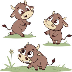 Three adorable cartoon bulls enjoying a sunny day in a grassy field with a single flower