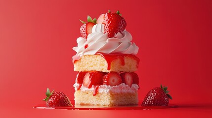A stylized strawberry shortcake appears suspended in time against a solid strawberry red background. The fluffy sponge cake, fresh strawberries, and whipped cream , with a drizzle of strawberry sauce