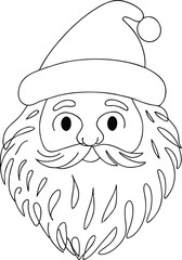 A whimsical black and white line drawing of santa claus s cheerful face with a fluffy beard and hat