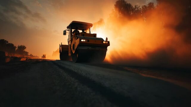 A road roller moves through thick orange dust at a construction site, showing heavy machinery, dry terrain, and engineering work during sunset light