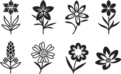 Elegant vector icons of stylized flora in black and white, perfect for botanical illustrations, nature-themed designs, and various artistic creative projects