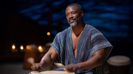 A passionate drummer performing on stage with warm lighting