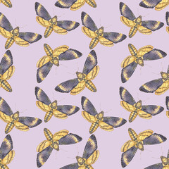Seamless watercolor pattern featuring death's-head hawkmoth butterflies on a violet background. Perfect for textiles, wallpapers, gothic decor, and mystical designs.