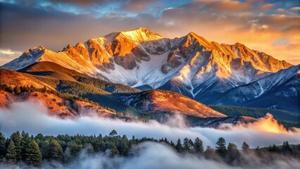Mountain peak of Pikes Peak at sunrise with a misty atmosphere and snow-capped summit