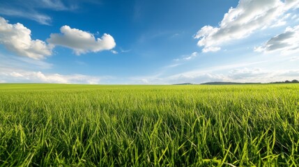 Obraz premium vast green grassland beneath a bright blue sky, peaceful view