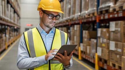 Warehouse Manager Using Digital Tablet in Industrial Storage Facility