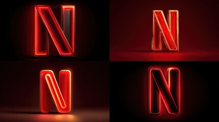 Glowing red "N" letterforms with varying light effects against dark backgrounds