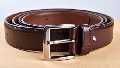 Rolled brown leather belt with metal buckle
