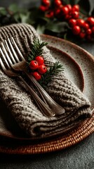 Table setting with rustic napkin and seasonal decoration for a cozy holiday gathering