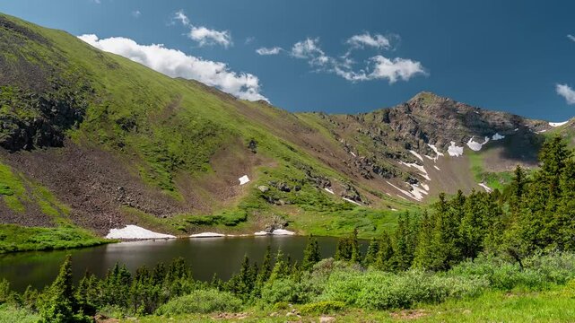 Timelapse, Sunny Day in Green Mountain Landscape by Alpine Lake, Colorado USA