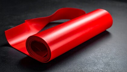 Rolled red flexible material on dark surface