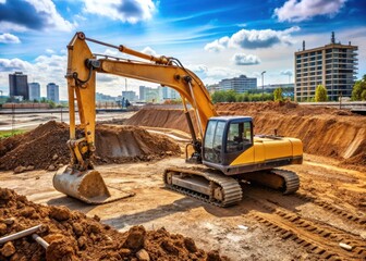 A large earthmover digs into the ground on a construction site with a row of excavated soil behind it