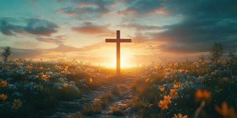 Beautiful sunrise behind a wooden cross in a field filled with blooming flowers