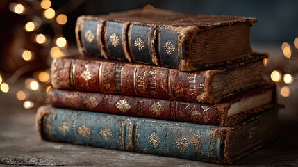 English language vintage books stack with warm lighting, classic literature study concept for education design ads