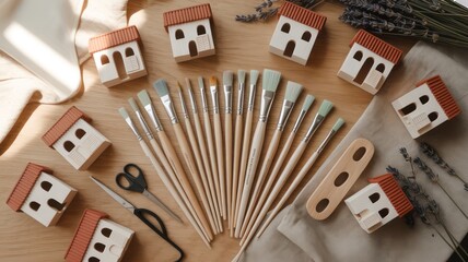 Arrangement of miniature houses paintbrushes and scissors on a wooden surface with soft lighting