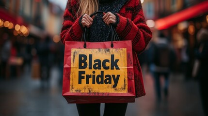 Obraz premium Cropped view sexy woman in denim holding paper bag with tag in her hand against a white brick wall in the mall. Copy space. Black Friday sale concept.