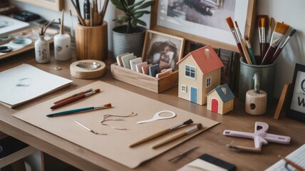 Overhead shot of an artist's desk with brushes, paints, and a small house model in a bright room