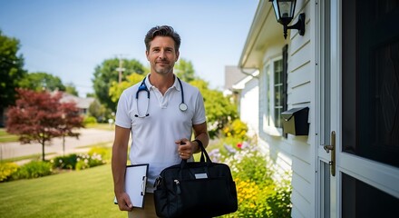 Dedicated home care physician on a house call carrying medical bag and clipboard for patient health in a residential neighborhood.