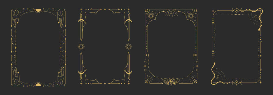 Set of modern magic witchcraft astrology frames with swords, hands, snake, butterfly, stars, sun and moon on black background. Line art occult vector illustration