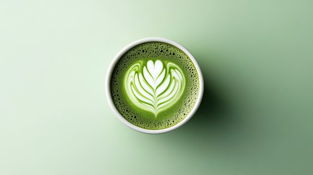 a stylized matcha latte appears suspended in time against a solid pale green background. The frothy, velvety texture and vibrant green hue are highlighted, with a delicate swirl of foam on top