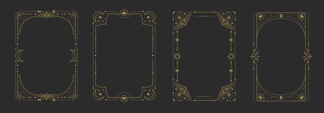 Set of modern magic witchcraft astrology frames with butterfly, stars, sun and moon on black background. Line art occult vector illustration