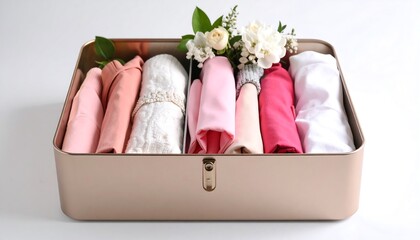 Rose gold box holds folded clothes & flowers