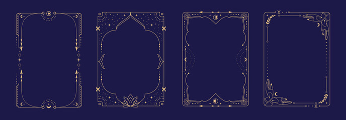 Set of modern magic witchcraft astrology frames with lotus, hands, stars, sun and moon on blue background. Line art occult vector illustration © annbozhko