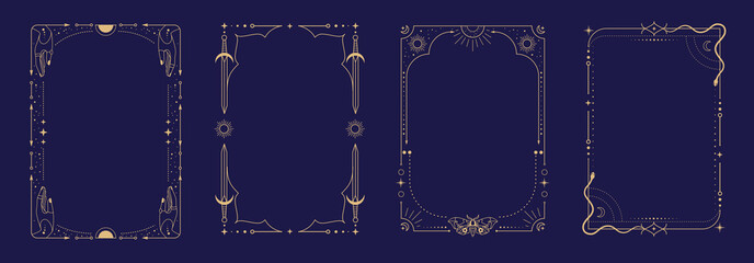 Set of modern magic witchcraft astrology frames with swords, hands, snake, butterfly, stars, sun and moon on blue background. Line art occult vector illustration © annbozhko