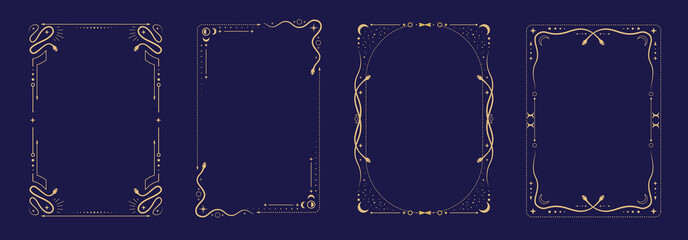 Set of modern magic witchcraft astrology frames with snakes, stars, sun and moon on blue background. Line art occult vector illustration © annbozhko