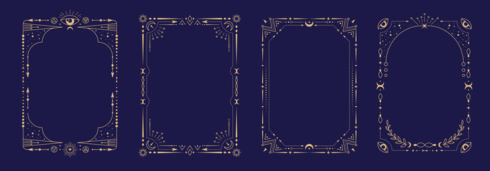 Set of modern magic witchcraft astrology frames with third eye, stars, sun and moon on blue background. Line art occult vector illustration © annbozhko