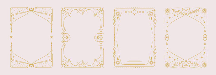 Set of modern magic witchcraft astrology frames with stars, sun and moon on white background. Line art occult vector illustration