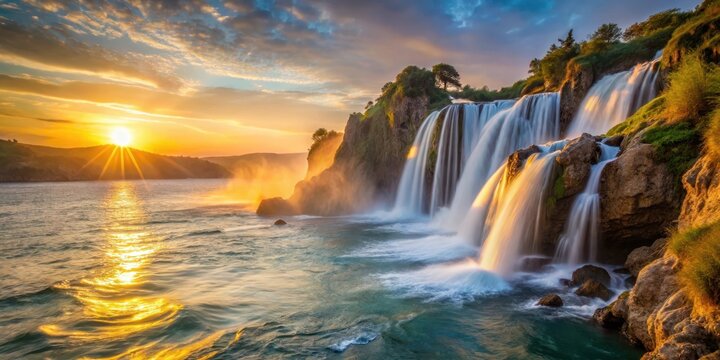 Majestic waterfall cascading into the Mediterranean Sea at sunrise with golden light filtering through the mist