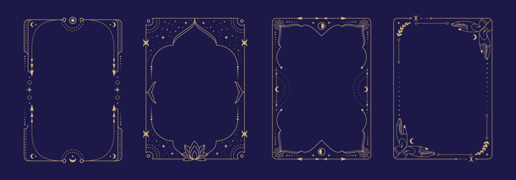 Set of modern magic witchcraft astrology frames with lotus, hands, stars, sun and moon on blue background. Line art occult vector illustration