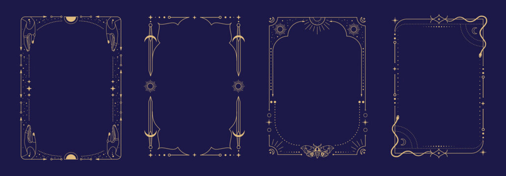 Set of modern magic witchcraft astrology frames with swords, hands, snake, butterfly, stars, sun and moon on blue background. Line art occult vector illustration