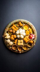 Round brass platter of colorful Indian sweets