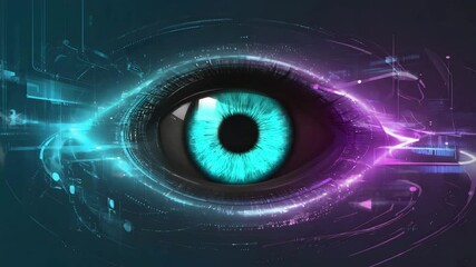 Close up of a digital eye with blue iris and surrounding technology and glowing light effects. Futuristic digital AI eye. Blue cyber eye with neon light. 
High-tech eye scanning system - Powered by Adobe