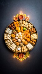 Round tray filled with colorful Indian sweets, surrounded by diyas
