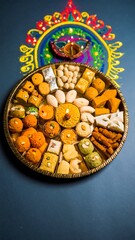 Round tray of colorful Indian sweets, diya, rangoli