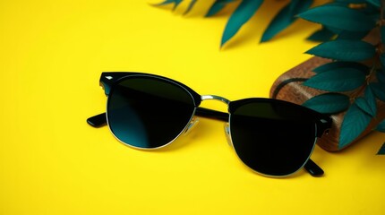Shades of Summer: A close-up shot of stylish sunglasses elegantly posed on a vibrant surface, enhanced by a touch of nature with lush greenery in the background. 