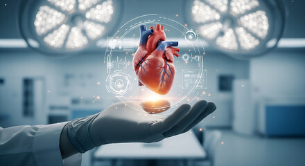 Surgeon presenting human heart with medical technology in modern operating room, healthcare concept