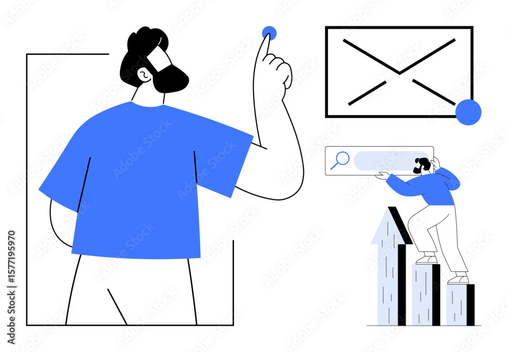 Poster man pointing towards email, smaller figure on bar graph interacting with digital search bar. ideal f