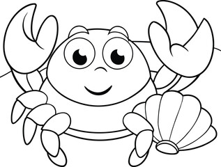 Fototapeta premium Smiling cartoon crab happily holding a seashell at the beach Vector illustration