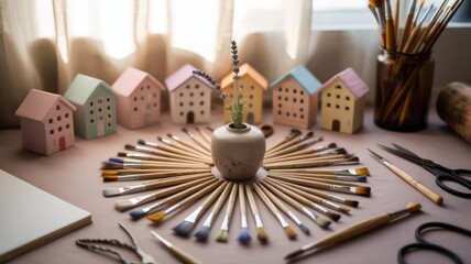 Still life of miniature houses, paintbrushes, vase with lavender, and art supplies on a table top